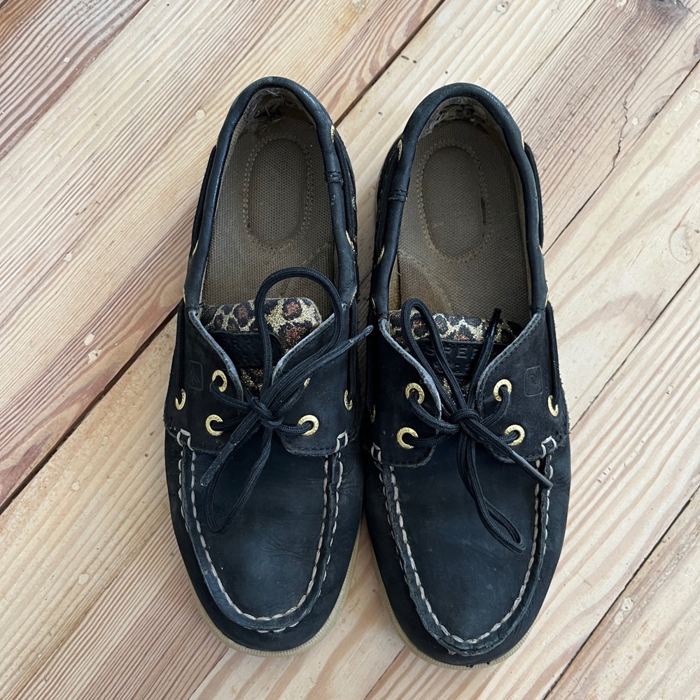 Sperry Top-Sider Angfish Black Leather Leopard Glitter Boat Shoes loafers 6.5 - Picture 3 of 9